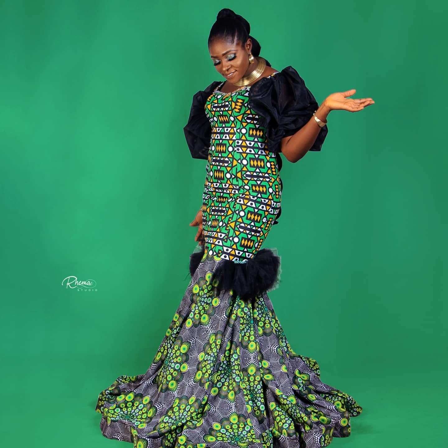 The Ankara gown against a green backdrop