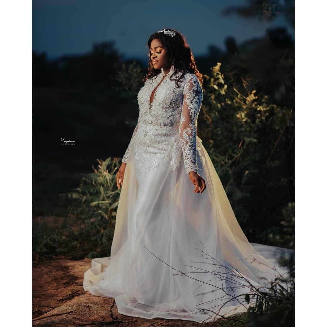 Evening portrait of the bride in beaded lace