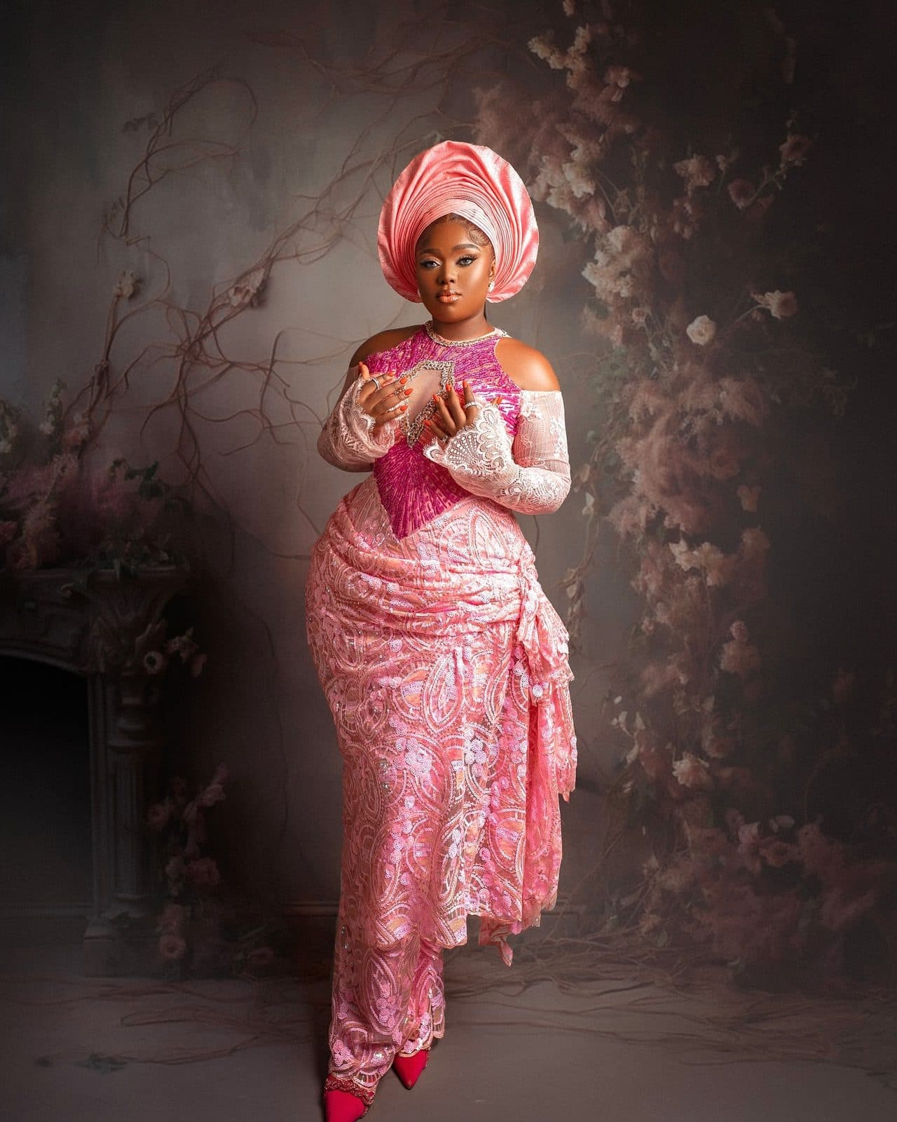 Side view of the pink lace gown