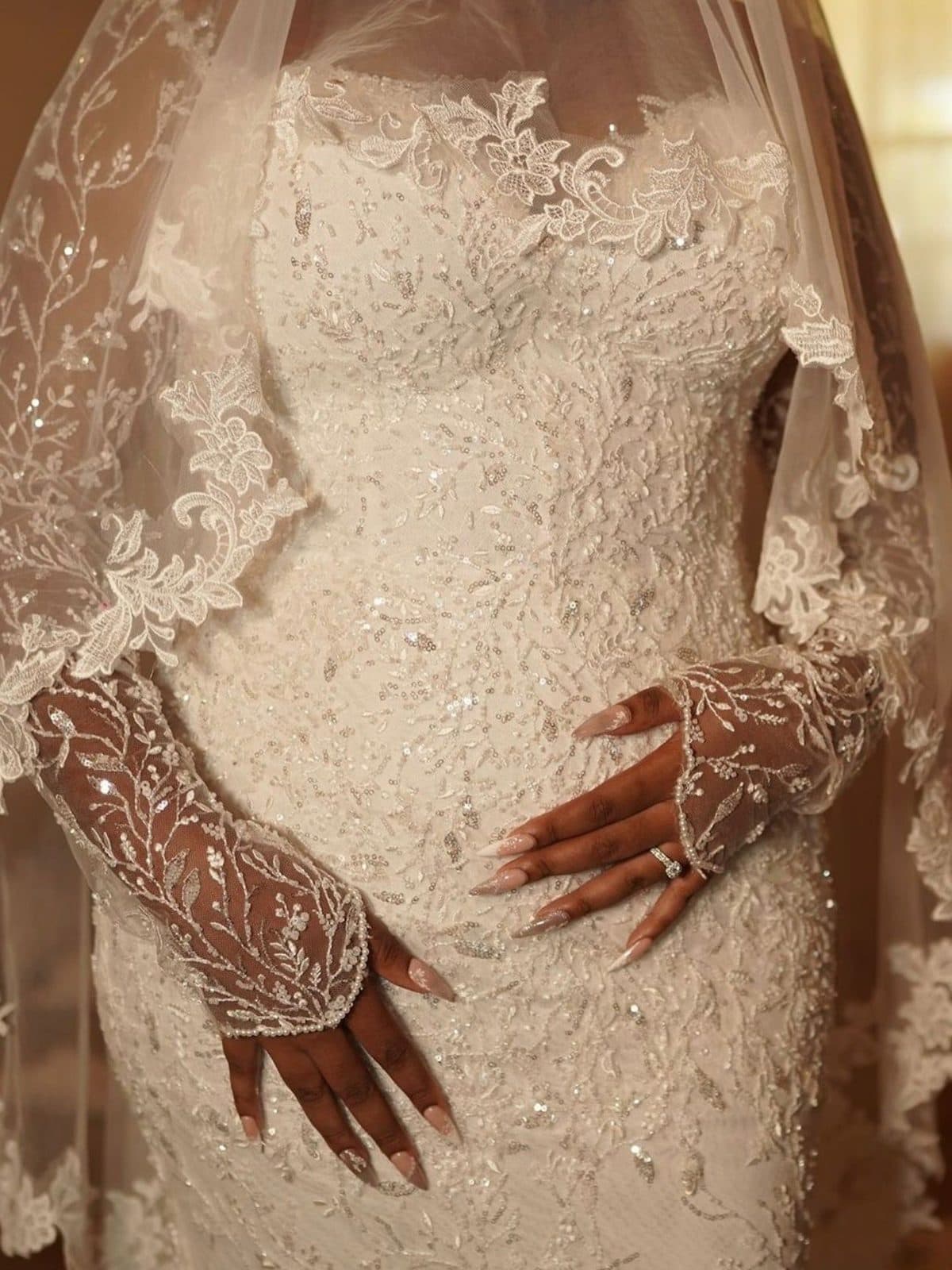 Close-up of the beaded lace on the bodice
