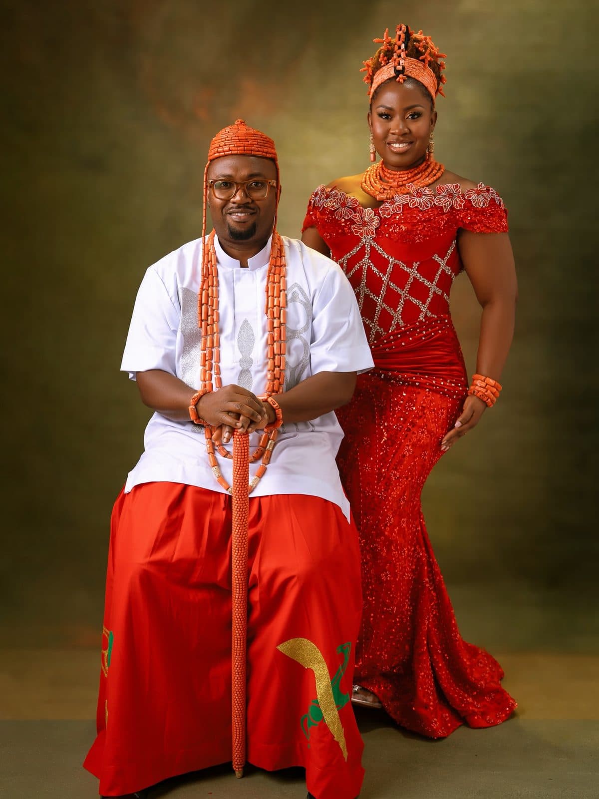 The couple together on their traditional wedding day