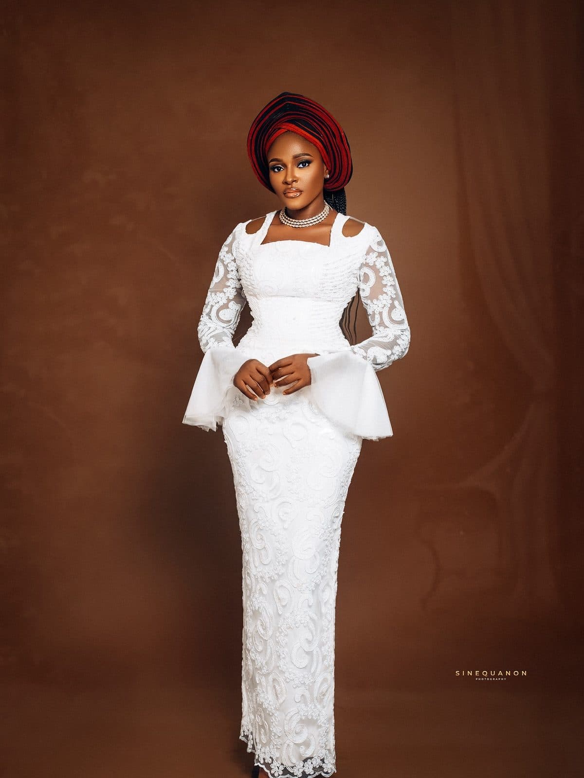 Close-up of the white lace dress
