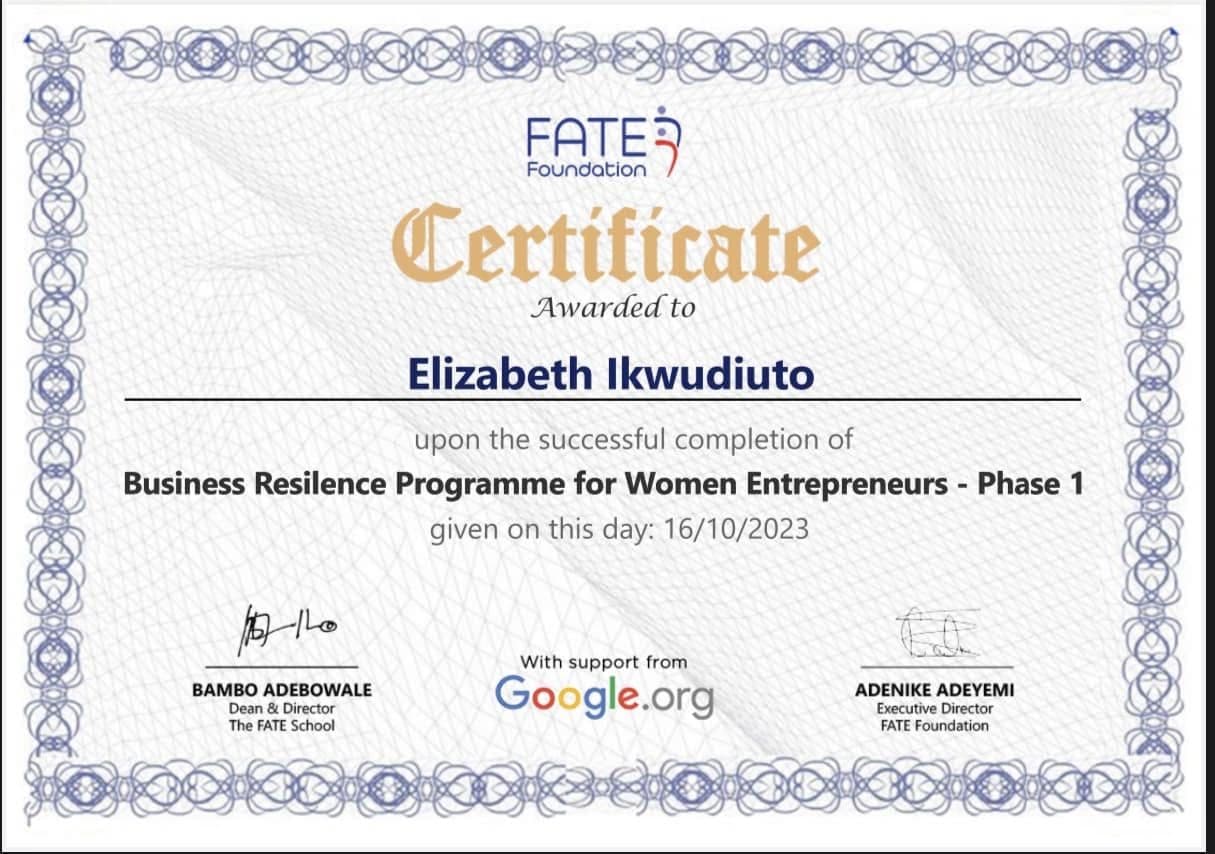 FATE Foundation certificate awarded to Elizabeth Ikwudiuto