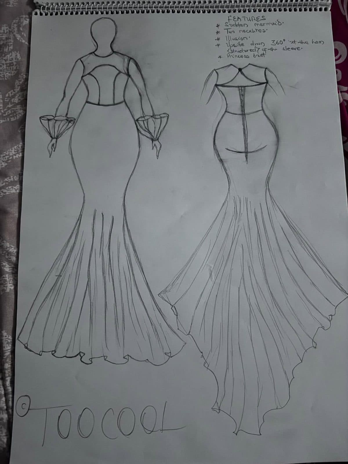 Pencil sketches of mermaid gowns