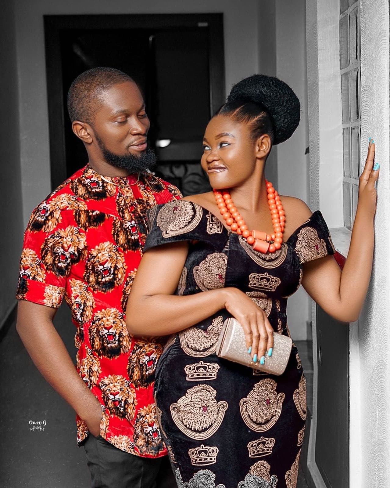 A bride and groom in traditional wedding attire